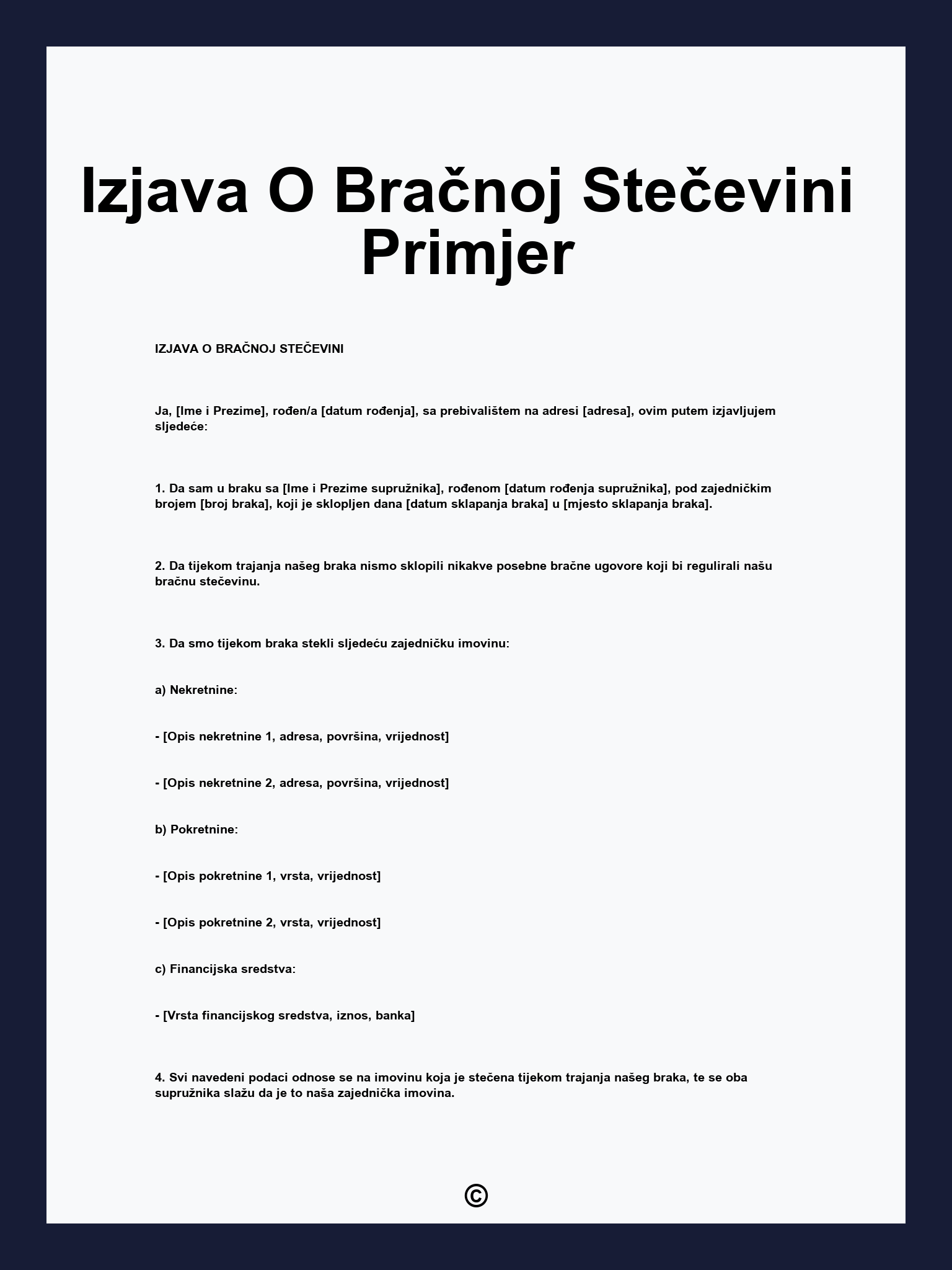 Izjava O Bračnoj Stečevini Primjer