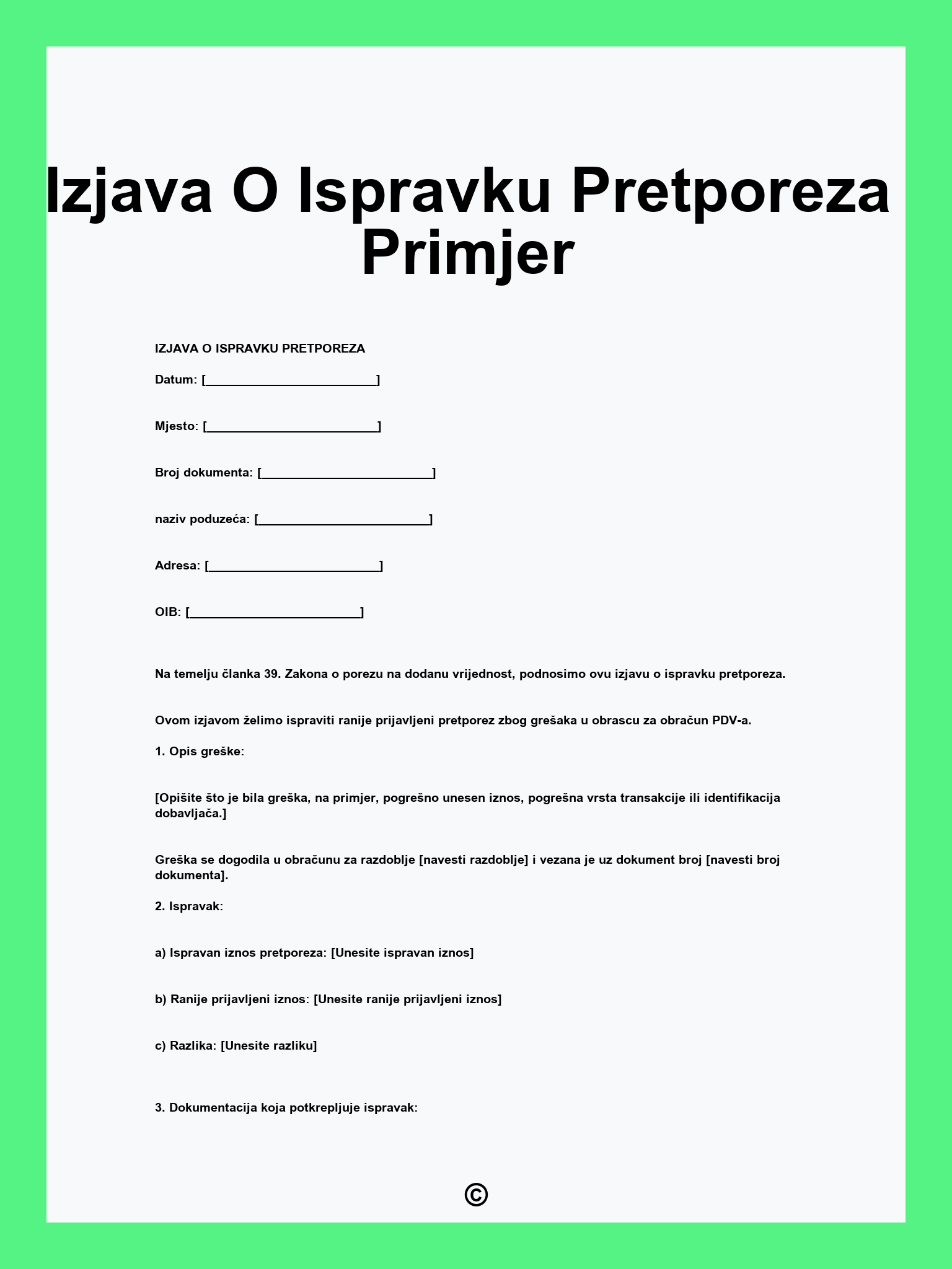 Izjava O Ispravku Pretporeza Primjer
