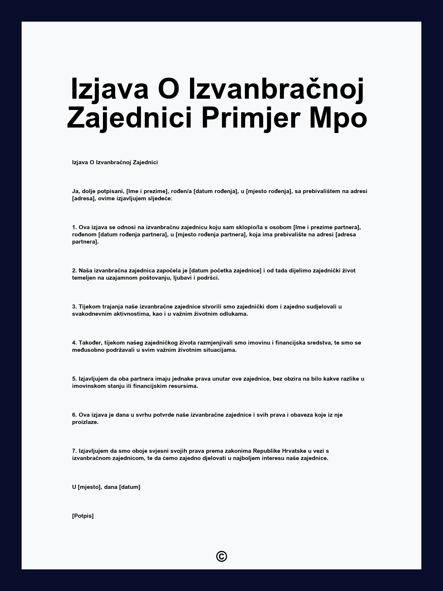 Izjava O Izvanbračnoj Zajednici Primjer Mpo