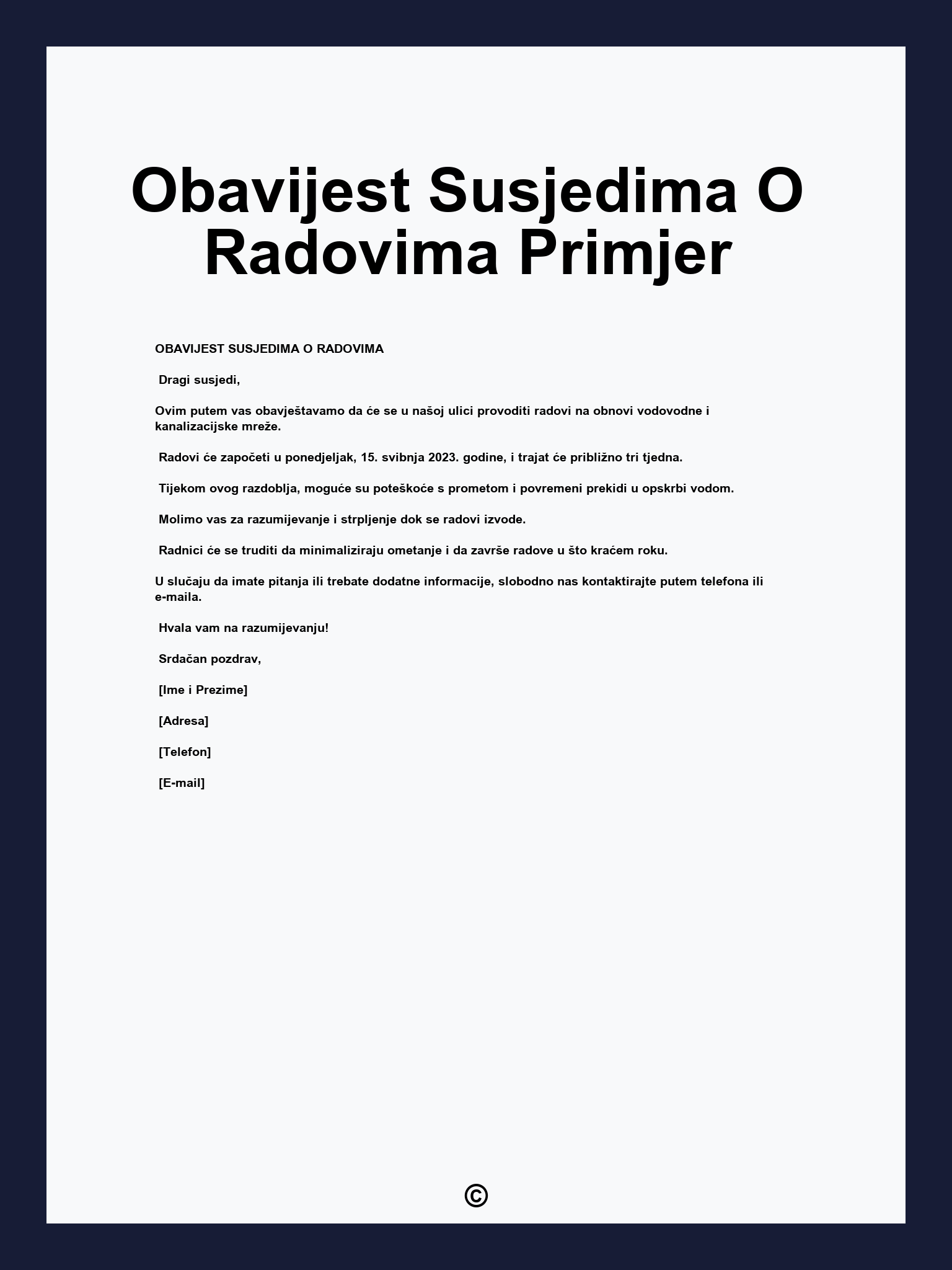 Obavijest Susjedima O Radovima Primjer