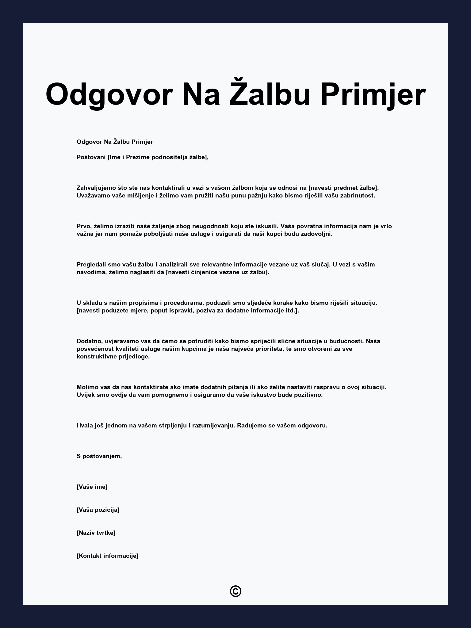 Odgovor Na Žalbu Primjer