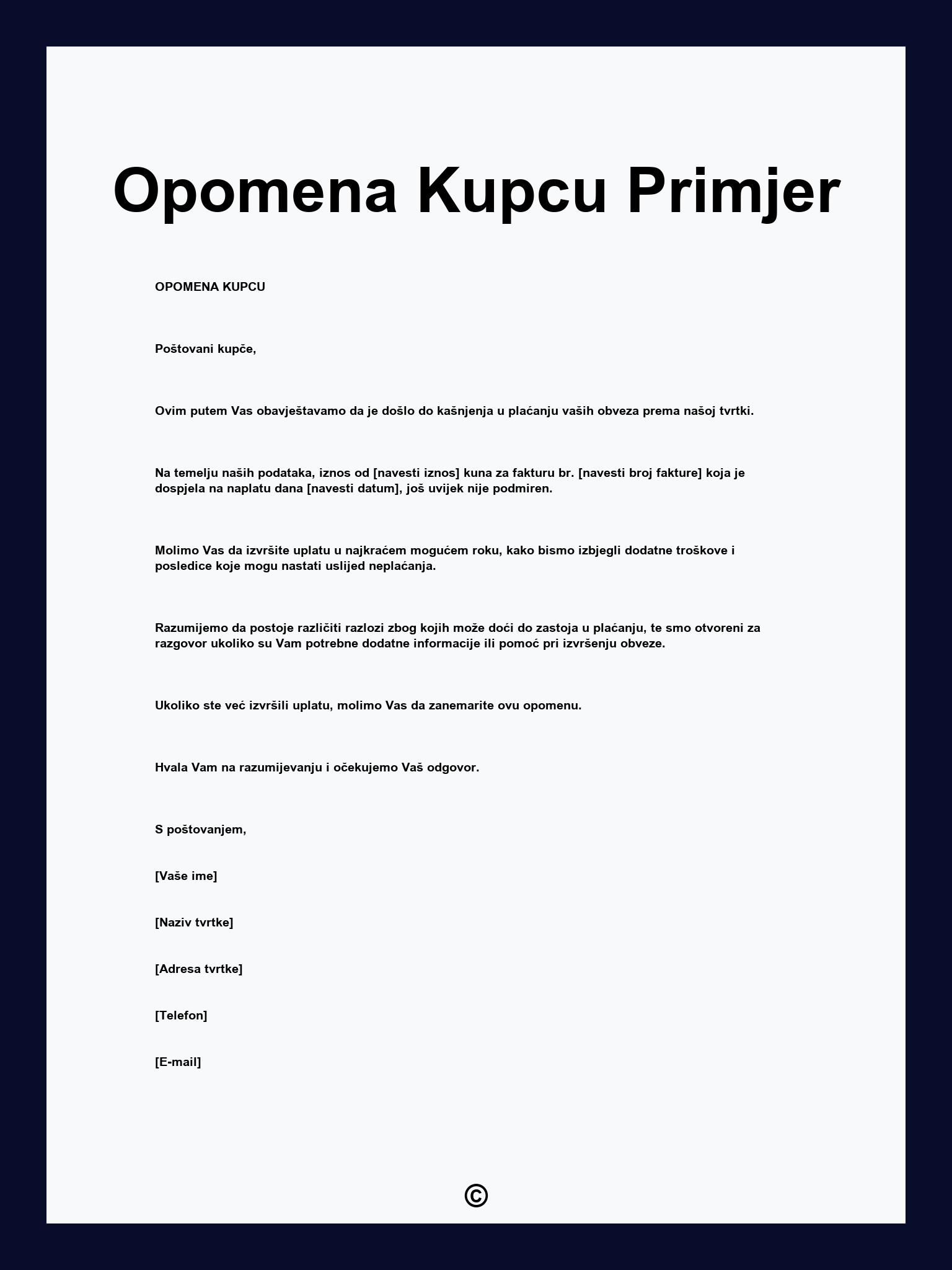 Opomena Kupcu Primjer