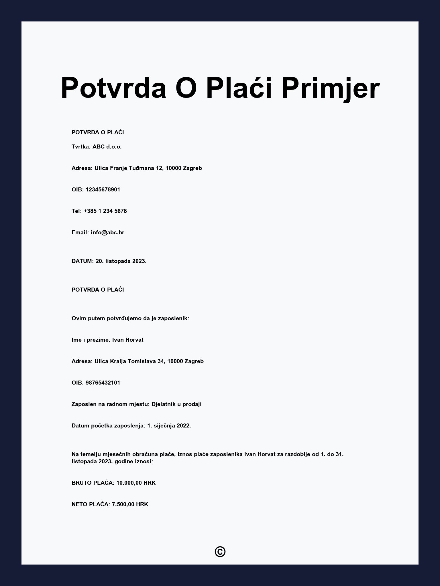 Potvrda O Plaći Primjer