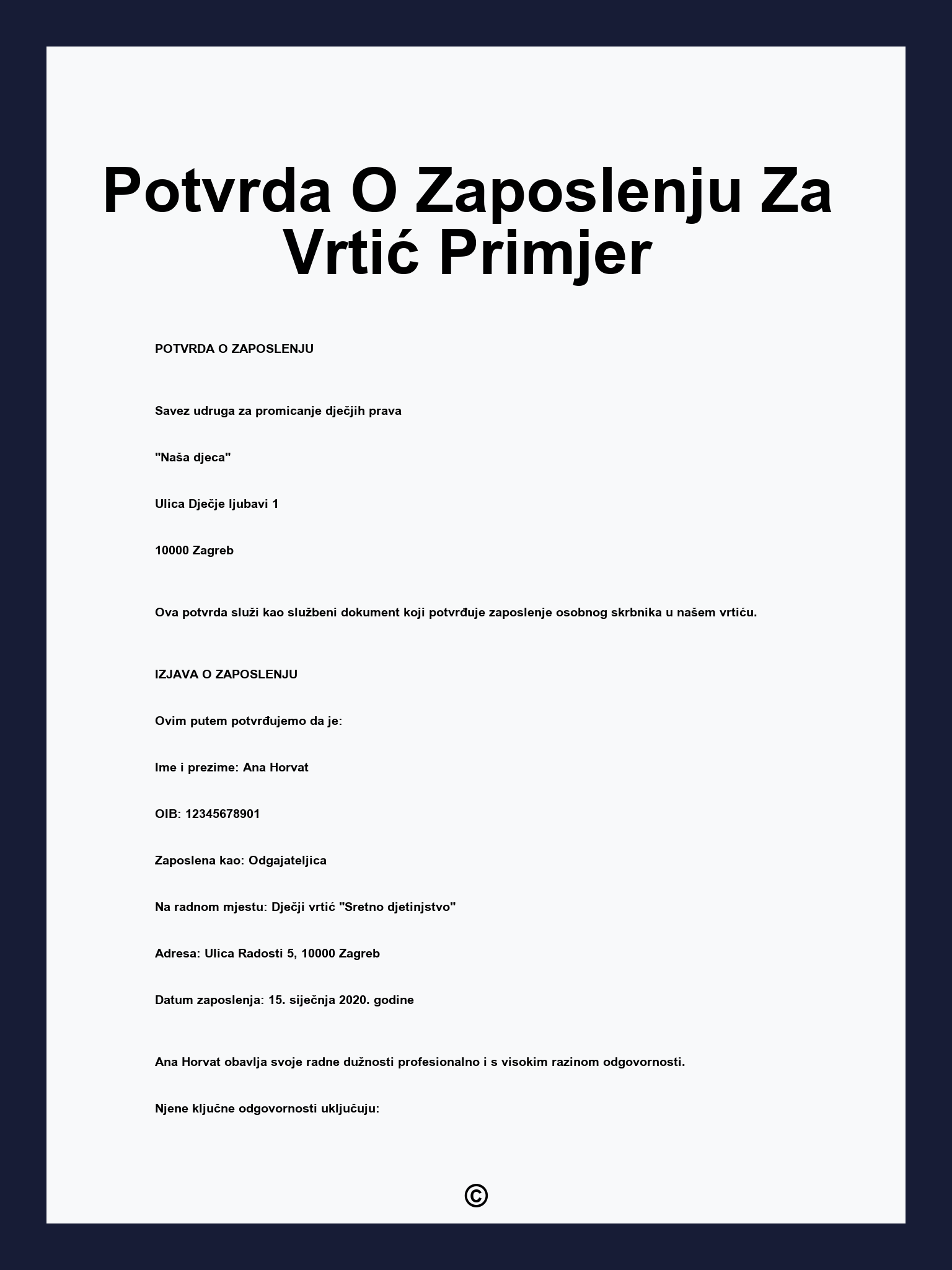 Potvrda O Zaposlenju Za Vrtić Primjer