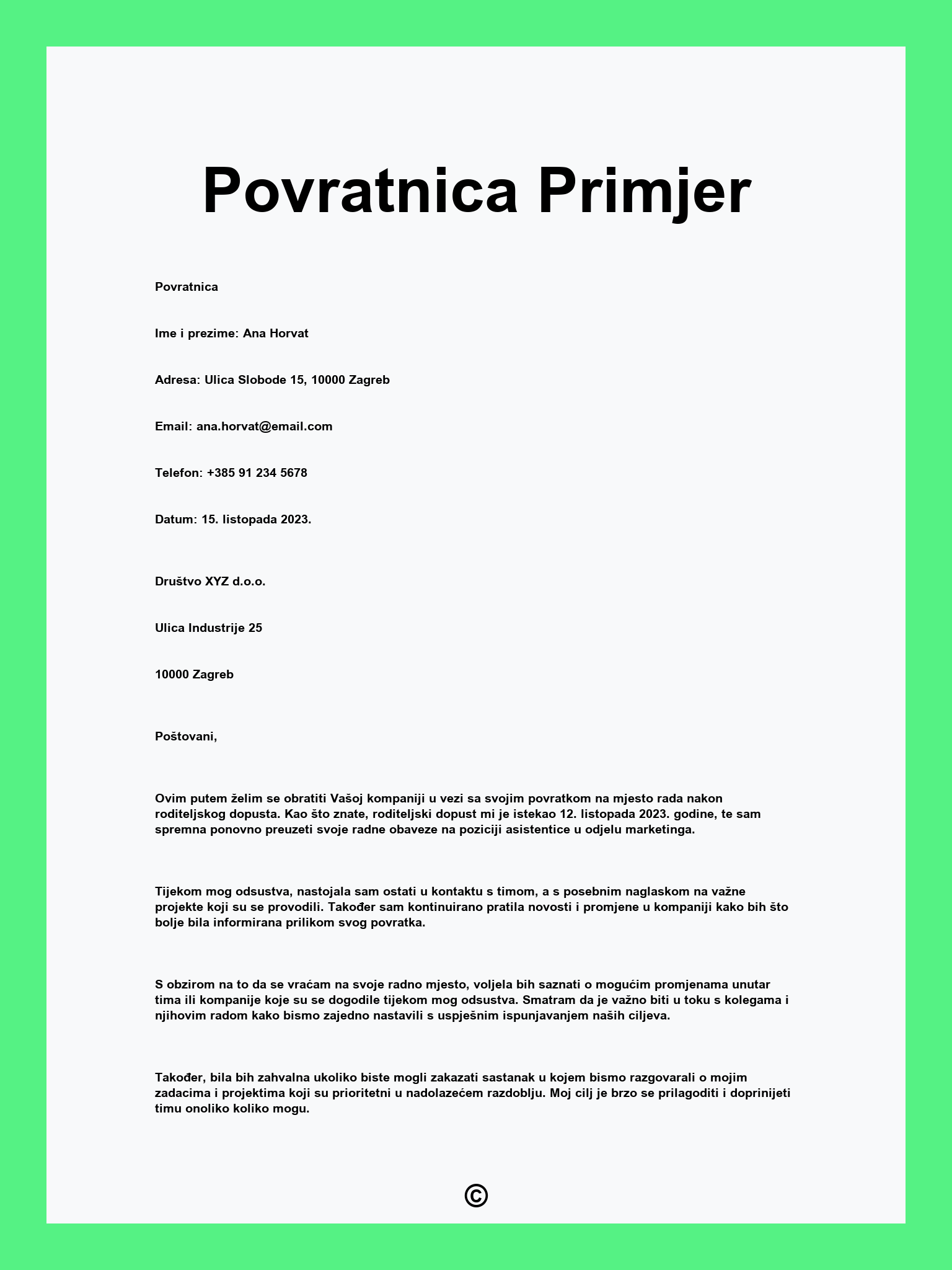 Povratnica Primjer