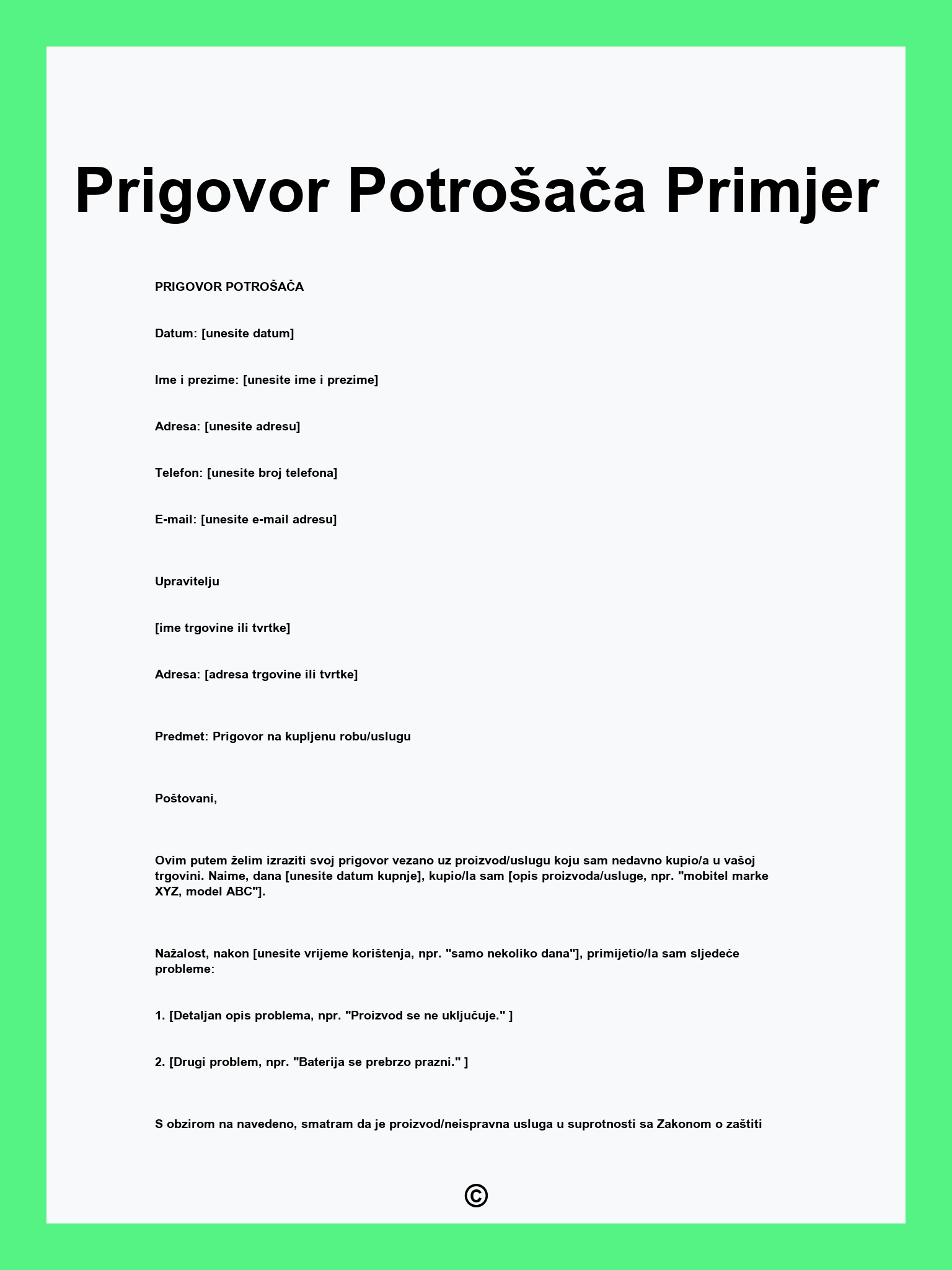 Prigovor Potrošača Primjer