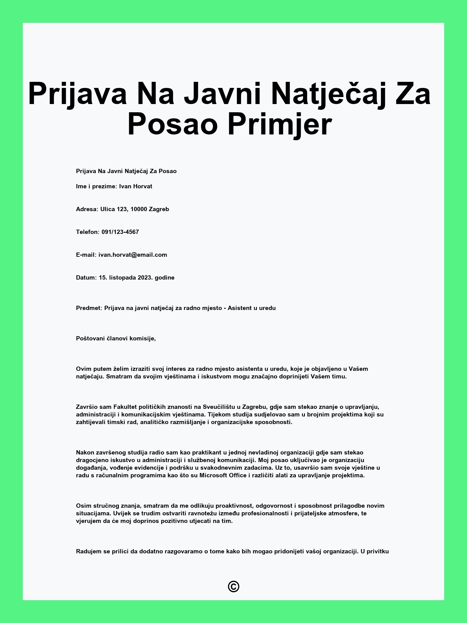 Prijava Na Javni Natječaj Za Posao Primjer