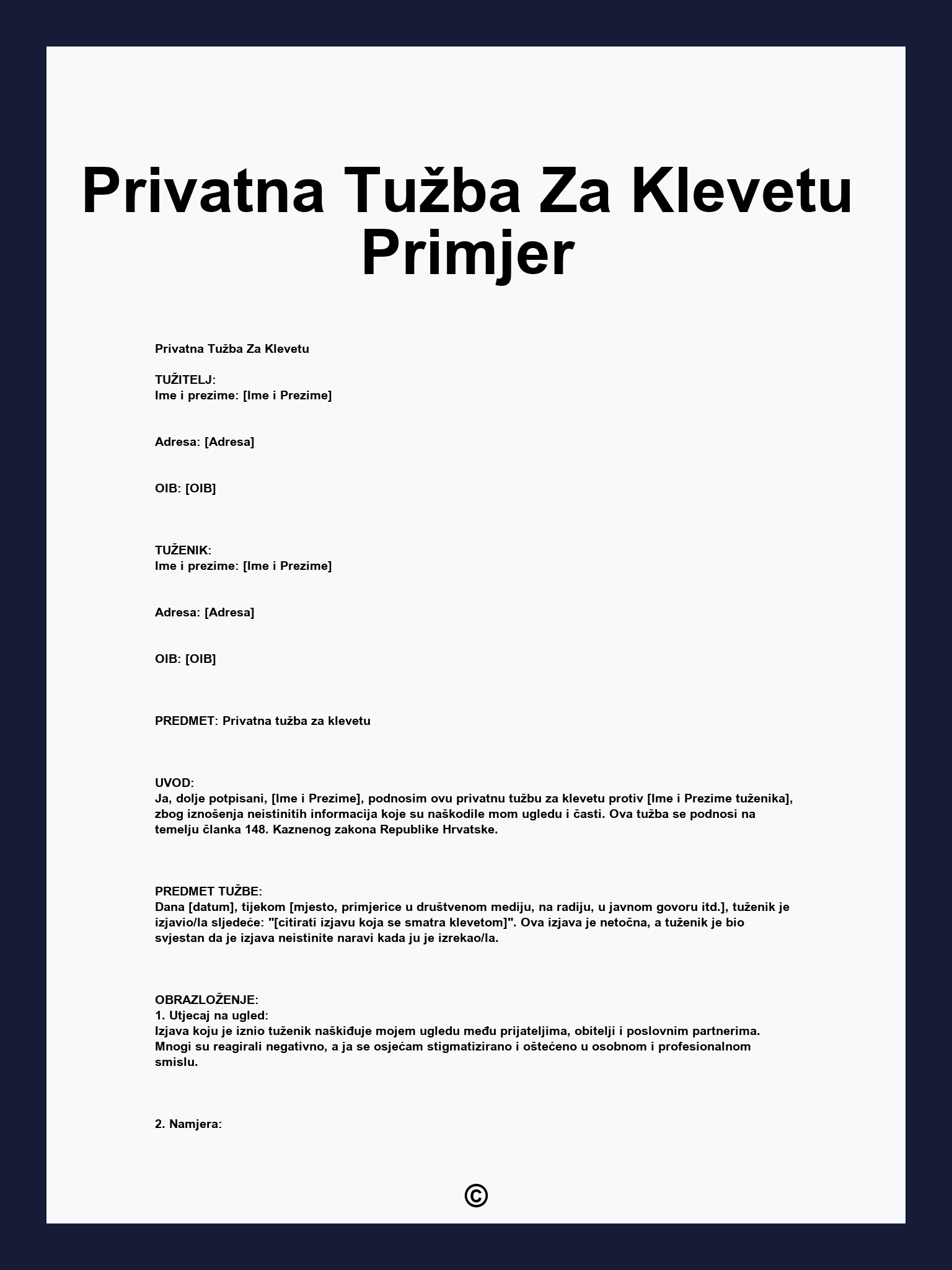 Privatna Tužba Za Klevetu Primjer