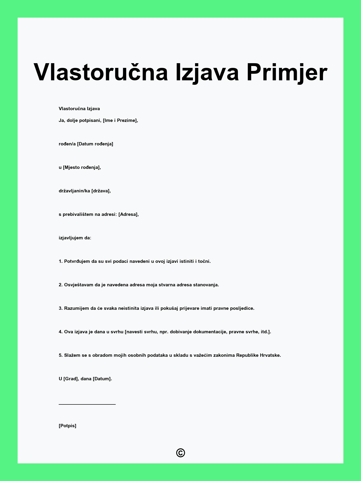 Vlastoručna Izjava Primjer