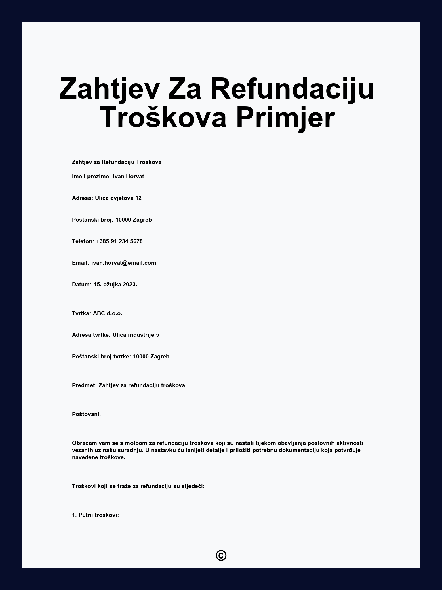 Zahtjev Za Refundaciju Troškova Primjer